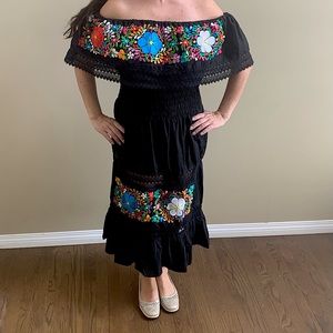 Mexican black embroidered off shoulder dress with flowers